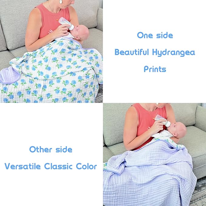 LollyBanks Muslin Baby Blanket 100% Organic Cotton, Muslin Quilt Lightweight, Toddler Blanket for Girls, 6 Layers Baby Blankets 47"x 47", Soft Nursery Receiving Blankets (Hydrangea Print)