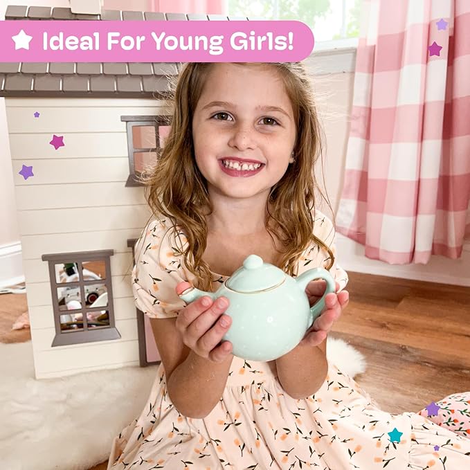 Jewelkeeper 13 Piece Toddler Porcelain Tea Party Set - Exquisite Tea Cup Set for Kids - Includes Sugar Bowl, Creamer, Saucers in a Carrying Case - Turqouise Polka Dot