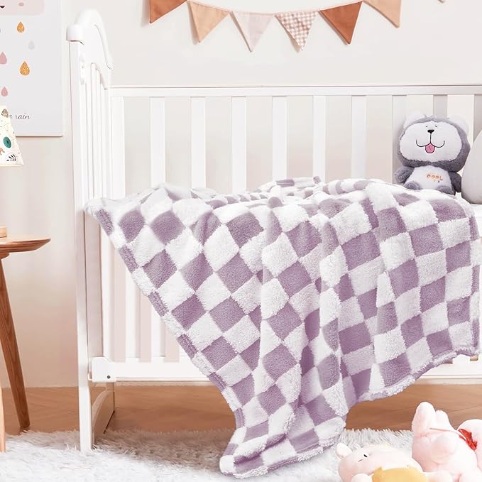 HOMRITAR Checkered Baby Blanket Fleece Baby Blankets for Girls, Ultra Soft Cozy Fluffy Warmer Infant Toddler Newborn Receiving Blankets for Crib Stroller 30 x 40 Inch, Purple