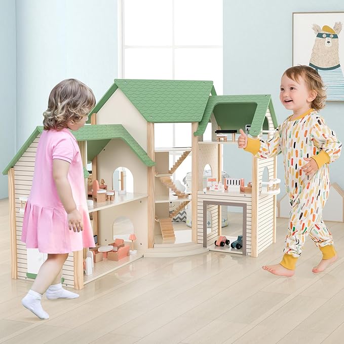 Costzon Wooden Dollhouse for Kids, 3-Story Luxury Doll House with 36 Pieces Furniture Accessories, 7 Rooms, Stairs & Balcony, DIY Pretend Dollhouse Playset, Gift for Girls Toddlers Ages 3+ (Green)