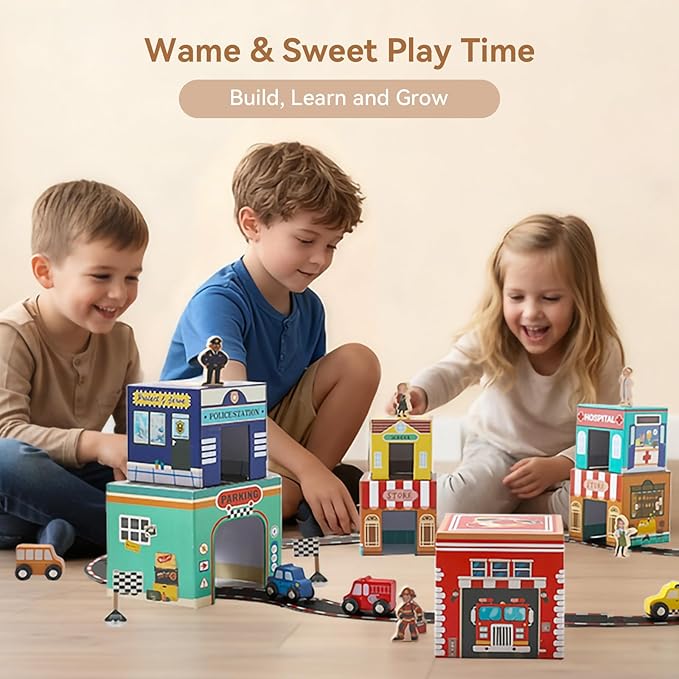 Montessori Scene with Train Tracks Set for Kids, Sorting & Stacking Blocks Toys with Wooden Cars & Community Helpers,Toddler Number Blocks Nesting Boxes, Preschool Learning Toys for Boys Girls Gift