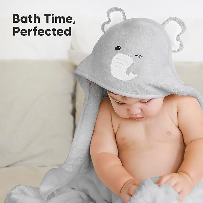 KeaBabies Hooded Baby Towel for Newborn - Viscose Derived from Bamboo Large Baby Bath Towels with Hood for Boys, Girls, Toddler, Extra Absorbent & Soft Newborn Bath Essentials (Elephant, Petite)