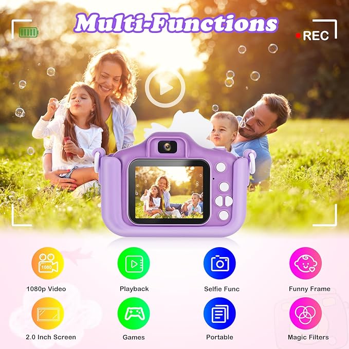 Kids Camera,HD Digital Video Camera with Protective Cover,Childrens Toys for 3 4 5 6 7 8 9 Year Old Boys/Girls,Selfie Camera for Kids,Christmas Birthday Gifts with 32GB SD Card (Unicorn Purple)