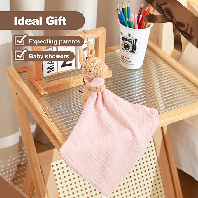 Hand-Knit Crochet Baby Animal Security Blanket | Organic Cotton Baby Shaker Rattle Toy & Comforter Lovey | Soft Sensory Stroller Toy for Newborns Infants 0-6-12 Months (Baby Pony Design)