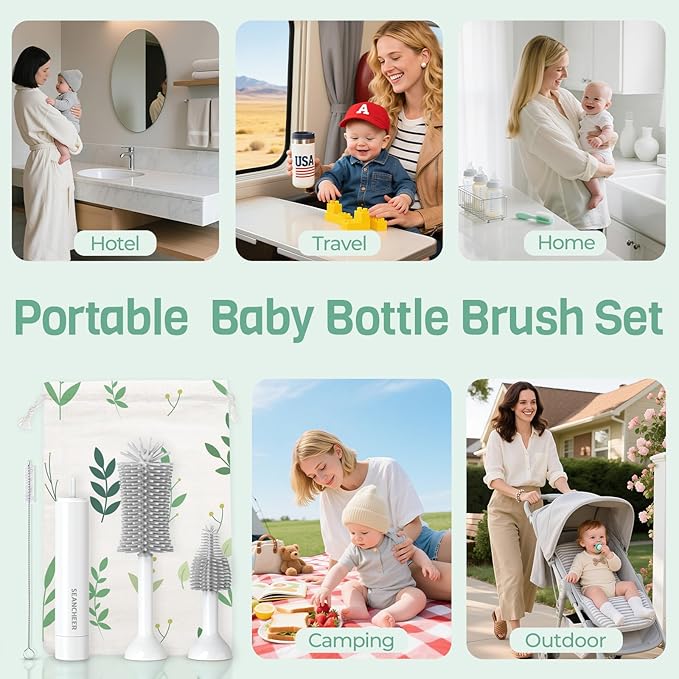 SEANCHEER S02 Electric Bottle Brush Set, Portable Baby Bottle Brush Cleaner, AA Battery-Powered & IPX7 Waterproof, with Silicone Bottle/Nipple/Straw Brush, for Home & Travel (Gray)