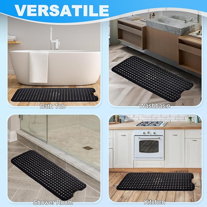 Linoows Bathtub and Shower Mats, 40x16 Inch Extra Large Non Slip Soft Bath Tub Mat with Suction Cups and Drain Holes for Bathroom Floor and Keep Tubs Clean, Machine Washable, Black