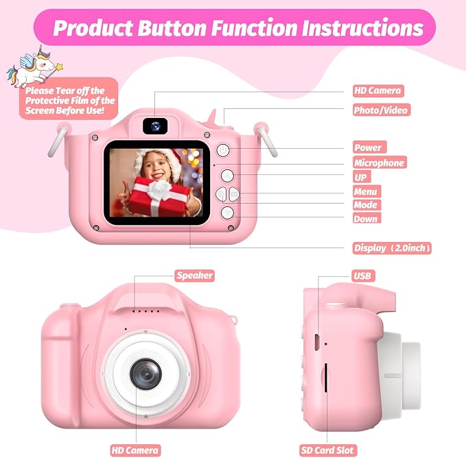 Upgrade Kids Camera for Girls, Christmas Birthday Gifts for Boys, 1080P HD Selfie Digital Video Camera for Toddlers, Cute Portable Little Girls Boys Gifts Toys for 3 4 5 6 Years Old