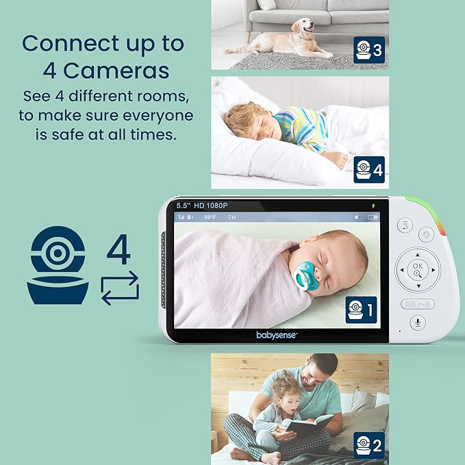 Babysense 5.5” 1080p Full HD Split-Screen Baby Monitor, Video Baby Monitor with 2 Cameras and Audio, 6-Color RGB Night Light, 1000ft Range, Two-Way Audio, 4X Zoom, 5000mAh Battery