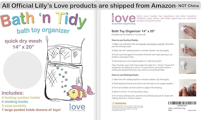 Lilly's Love Bath Toy Storage - Large 14 x 20 inch Bathtub Toy Holder + 2 Locking Hooks, Quick Dry & Easy for Kids to Put Bath Toys Away