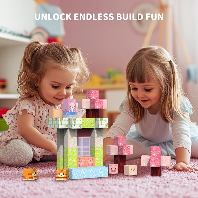 Magnetic Blocks Kid Building Toys - 120Pcs Magnet Cubes Toddler Montessori Sensory STEM Toy for 3-5 4-6 5-7 6-8 Year Old Boys Girls, Build Pink Castle Set