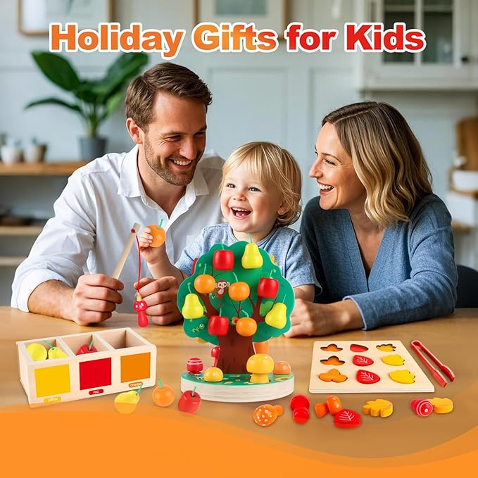 Montessori Toys for 3 4 5 6 Year Old - Wooden Sensory Toy for Toddlers - Shape Sorting Puzzle for Fine Motor Skills - Apple Picking Magnetic Tree Toy,Hand-Eye Coordination,Color Recognition