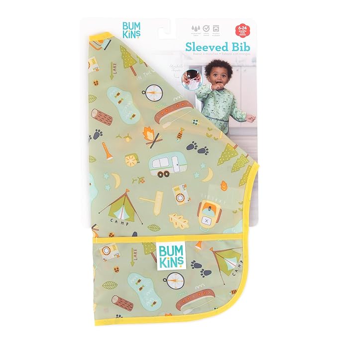 Bumkins Sleeved Bib for Girl or Boy, Baby and Toddler for 6-24 Mos, Essential Must Have for Eating, Feeding, Baby Led Weaning, Long Sleeve Mess Saving Food Catcher, Soft Fabric, Camp Gear Green