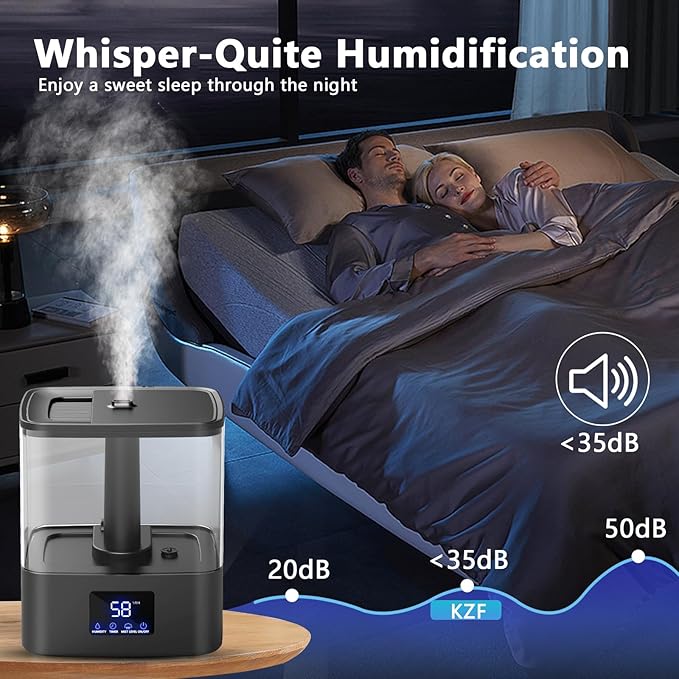 KZF Humidifier for Bedroom, 6L Ultrasonic Cool Mist Humidifier, Easy Clean Humidifier 3 Adjust the Humidity, Suitable for Bedroom Study Room Kids Room Yoga Office, Quite and Smart Top Fill Design