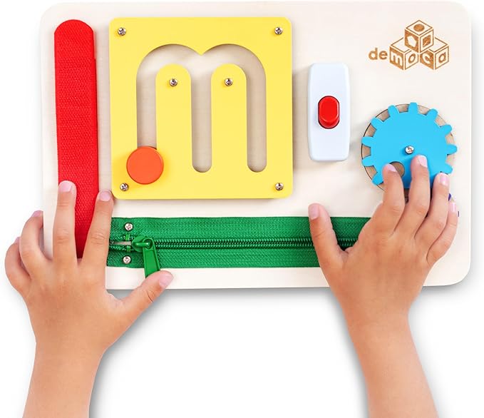 deMoca Sensory Busy Board for Toddlers, Premium Wooden Toddler Busy Board for 1 2 3 Year Old with 10 Educational Activities for Fine Motor Skills, Fidget Activity Toy for Travel Toy (Color)
