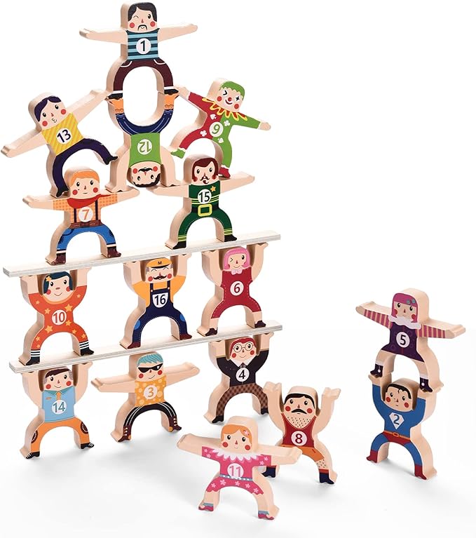 Wooden Stacking Toys,16Pcs Circus Hercules Acrobatic Troupe Interlock Toy,Balancing Building Blocks Game Toddler Puzzle Toys,for 3 4 5 6 Years Old Kids Adults