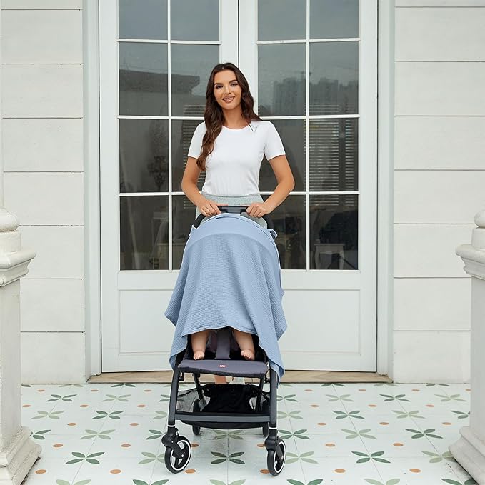 Muslin Nursing Cover for Breastfeeding, Breathable 100% Cotton Privacy Nursing Covers with Rigid Hoop for Mother Nursing Apron (Light Blue)