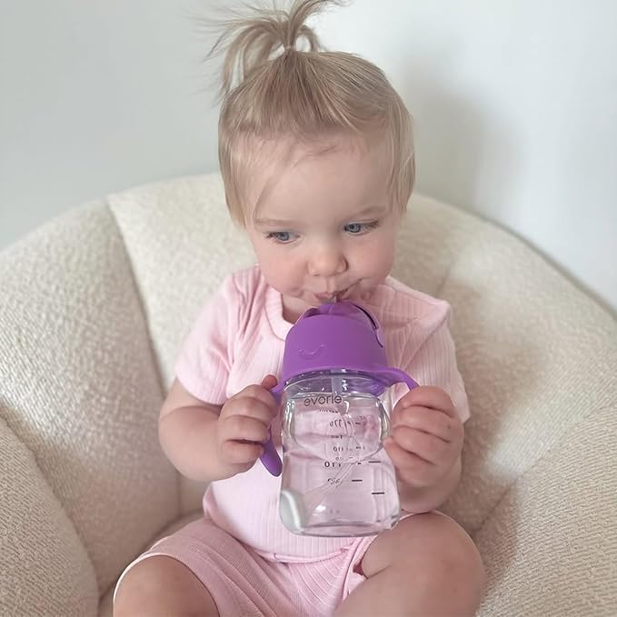 Evorie Tritan Weighted Straw Sippy Cup with Handles for Baby and Toddlers, Spill Proof Baby Water Bottle with Straw for 6 months and up, 7 Oz, Infant Training Water Bottle (Ube)