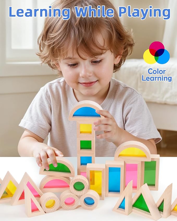 Wooden Building Blocks with Rainbow Acrylic Windows - 24pc Classic Montessori Stacking Set - Screen-Free Educational STEM Construction Toys for Toddlers Ages 18M+