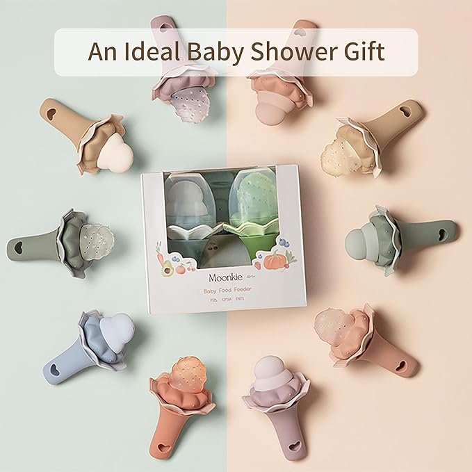 Moonkie Baby Fruit Feeder, BPA Free Silicone Food Feeder for Infant Self Feeding, Mesh Feeder with Two Pouches, Baby Shower Gifts 4 Months+, 2 Pack (Without Freezer Tray)