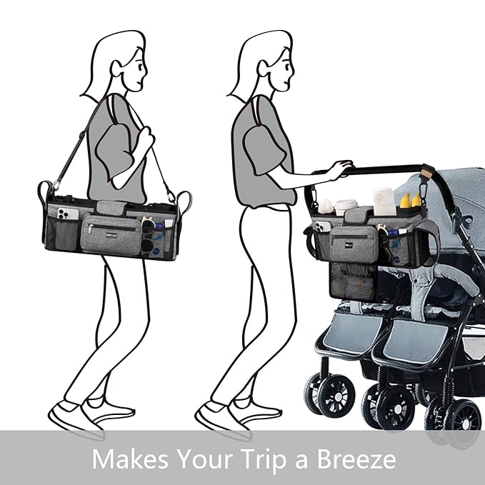 TOPDesign Universal Baby Stroller Organizer, Double Stroller Caddy with Detachable Mesh Bag & Heightened Insulated Cup Holders & Non-Slip Secure Hooks Accessories, Fits Most Strollers (Checkerboard)