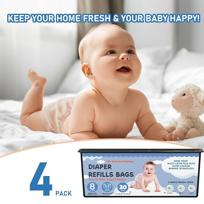 Diaper Pail Refills Bags with 30 Bags Compatible with Genie Easy Roll Signature Diaper Pails and Platinum Diaper Pails, Lasts Up to 8 Months, 7-Layer Odor-Barrier Technology, 4 Pack (120 Bags)