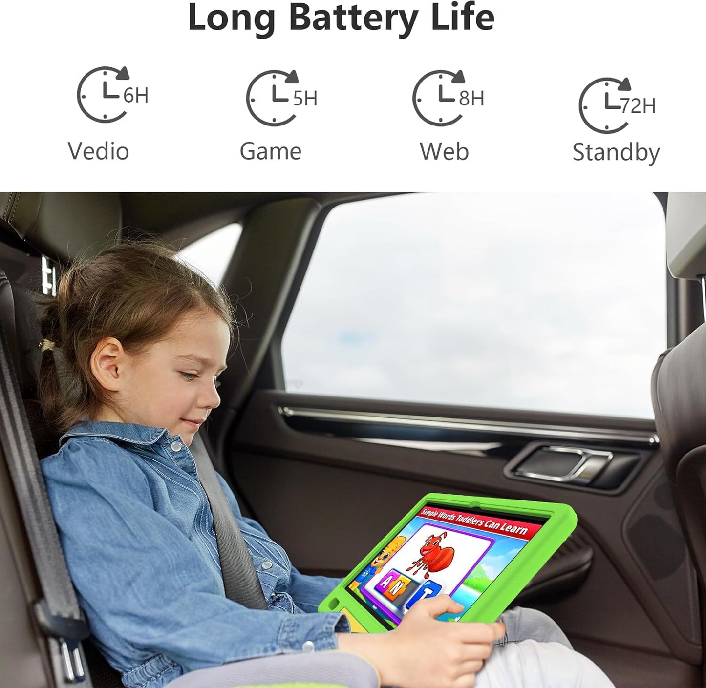 JREN Kids Table 10.1" |Android 14 Tablet for Kids|64GB Storage|Octa-Core|WiFi |Cameras|Parental Control|Kids Content|Case Included Great Gift for Children Ages 3-12 Years Old Green