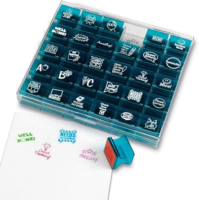 Learning Resources Jumbo Illustrated Teacher Stamps, Set of 30, Ages 3+, Messages Stamps for Homework School Classroom, Back to School Supplies,Teacher Supplies