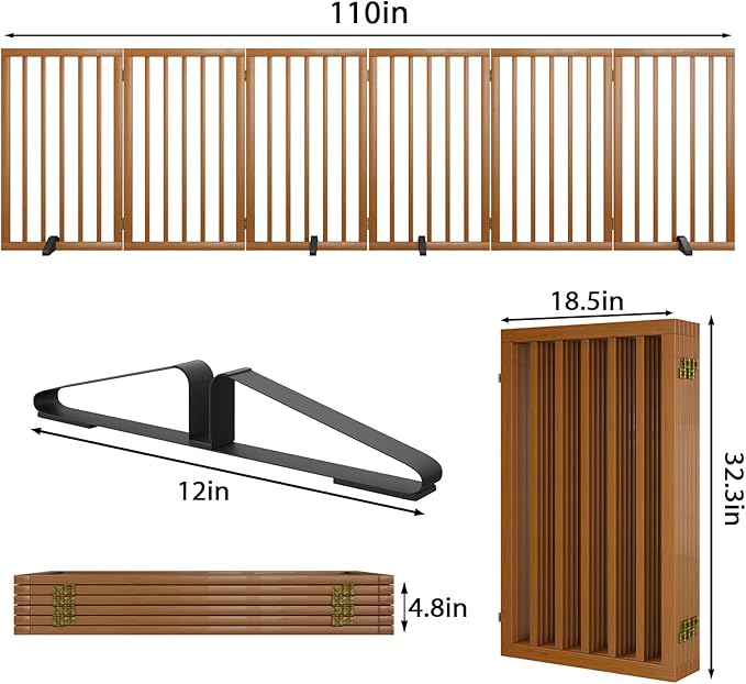 Dog Gate 32" Tall Foldable Dog Gate for Doorways Freestanding Pet Gate for Dogs Indoor (Walnut,6 Panel)