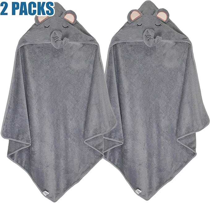 2 Pack Toddler Towels with Hood for Boys Girls, Soft Hooded Baby Bath Towels, Coral Fleece Thick Shower Bath Towel for Newborn(Gray)