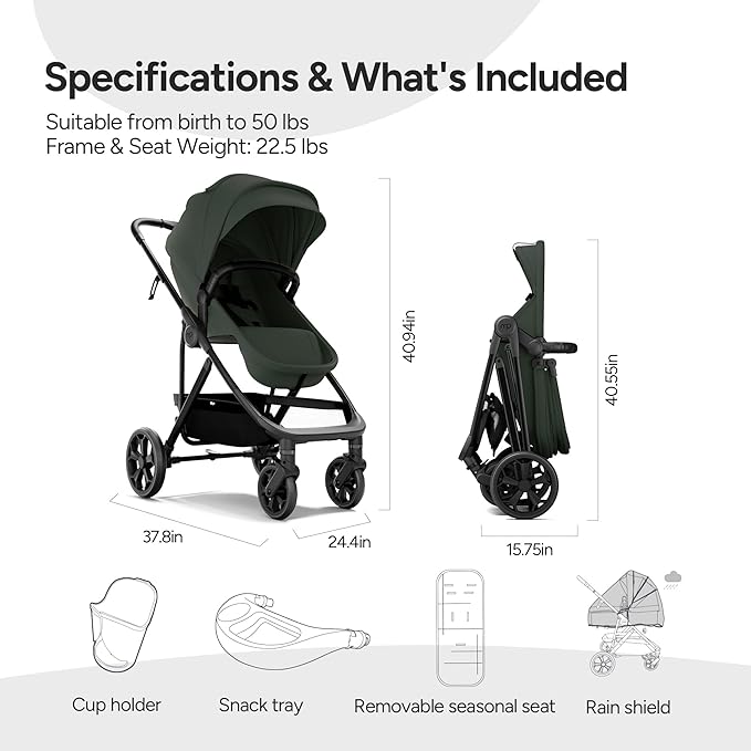 Mompush Wiz Pro 4-in-1 Baby Stroller with Bassinet Mode, Full-Size All-Terrain Premium Stroller from Newborn to Toddler, Snack Tray Included for Easy Feeding & Outing, Lay-Flat in Seconds
