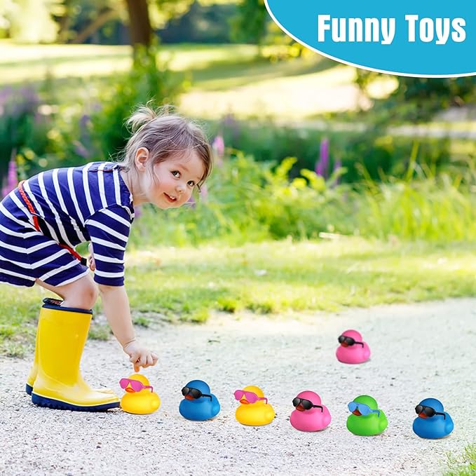 24 Pcs Mini Rubber Ducks with Sunglasses, Rubber Ducks in Bulk Valentine Bathtub Toys for Cruise Valentines Kids Classroom Gift Exchange(Eyeglasses,Yellow, Blue, Pink, Black, Green)