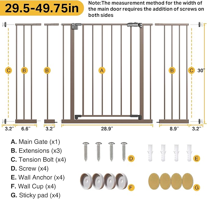 InnoTruth 29.5–49.75" Extra Wide Baby Gate for Stairs, 30" Tall Walk Through Dog Gate for Stairs & Doorways, Pressure-Mounted Safety Gate for Pets & Kids, Dual Lock & 2-Way Swing, Brown