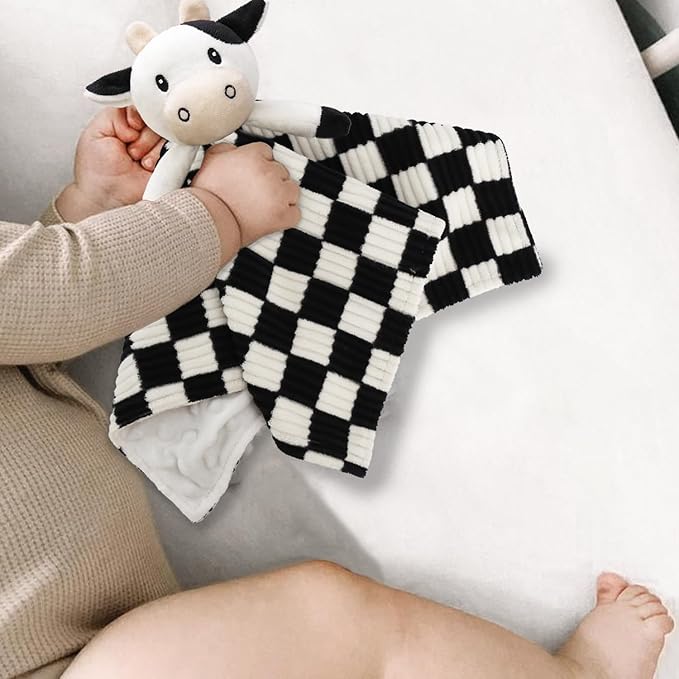Cow High Contrast Baby Security Blanket for Babies, Soft 3D Checkerboard Lovey with Minky Dot Fabric Backing, Newborn Boys and Girls Snuggle Stuffed Animal Blankie 14 Inch
