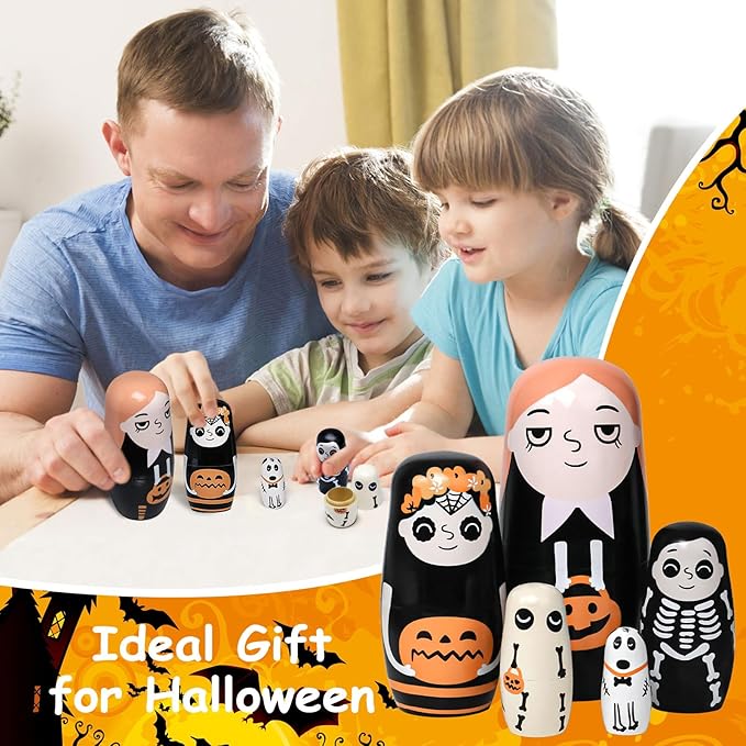 Halloween Nesting Dolls, 5Pcs 6"" Tall Russian Nesting Dolls, Handmade Matryoshka for Kids, Wooden Stacking Toys for Halloween Home Party Decorations (Pumpkin Girls)