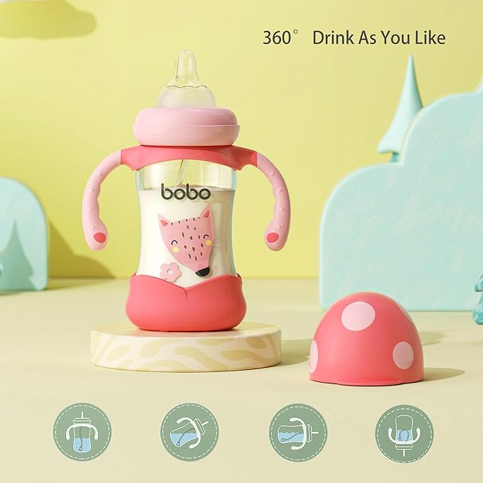 YOHKOH Natural Glass Baby Bottle with Natural Response Nipple, Wide Neck Baby Bottles with Handle, Newborn Anti-Colic Baby Bottles Gift Set, Clear (5.4oz (Pack of 2), Red)