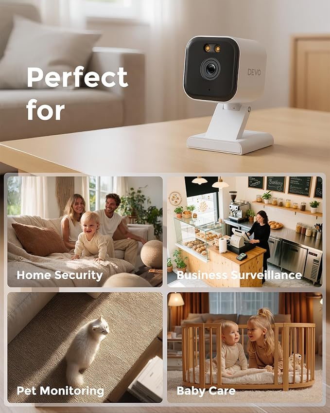 Devo CCAZ10 Security Camera 2K | Indoor &Outdoor|Baby Camera & Pet Monitor | Color Night Vision, 2-Way Audio, Live Stream, Motion Alerts & Notifications White,1 Cam