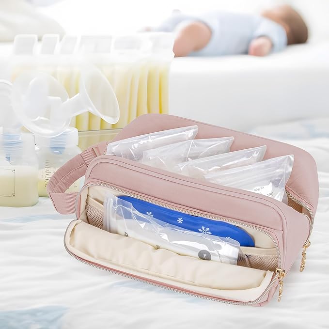 Damero Breastmilk Cooler Bag with 4 Ice Packs, Breast Milk Cooler Travel Bag Fit for Milk Bags or Bottles, with Buckle Handle for Breastfeeding Moms Travel/Daycare, Pink