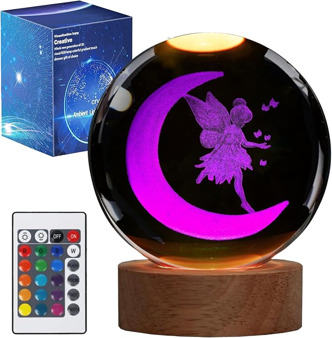 Moon Fairy Night Light, Tooth Fairy Gifts, K9 3.15 Inch (80mm) Crystal Ball Lamp with 16 Colors Remote Upgraded Lamp for Birthday Xmas Cool Fairygirl Figurines Gifts for Room Decor Boys Girls