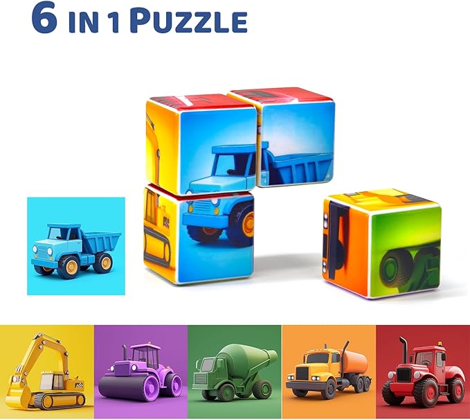 Magnetic Cubes for Toddler, 1.65 inch Large Building Blocks Tiles, Construction Vehicles Puzzles Game for Toddlers, STEM Educational Learning Toys for Boys & Girls Ages 1 2 3