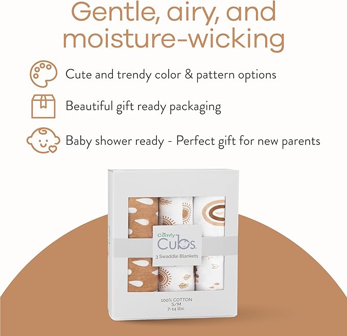 Comfy Cubs Easy Swaddle Blanket, 3 Pack - 100% Cotton Newborn Wrap, Small for 0-3 Months Infants, with Adjustable Velcro, Breathable and Durable Sleep Sack for Babies - Rainbow Bohemian