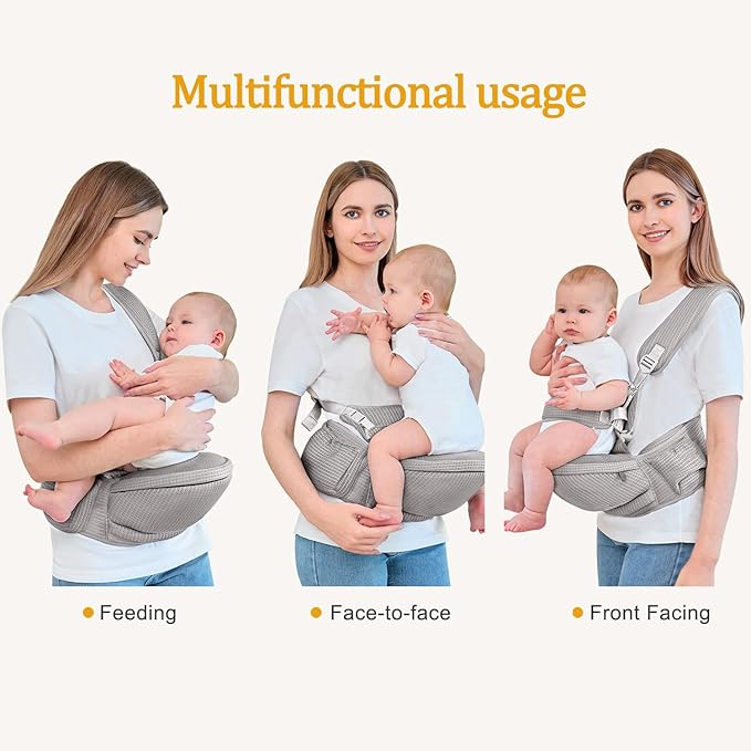 Baby Hip Carrier - Hip Carrier for Baby with Baby Safety Strap - Toddler Carrier 7-45 lbs - Ergonomic Infant Holder Baby Carrier with Hip Seat Large Capacity Pockets(Light Grey)