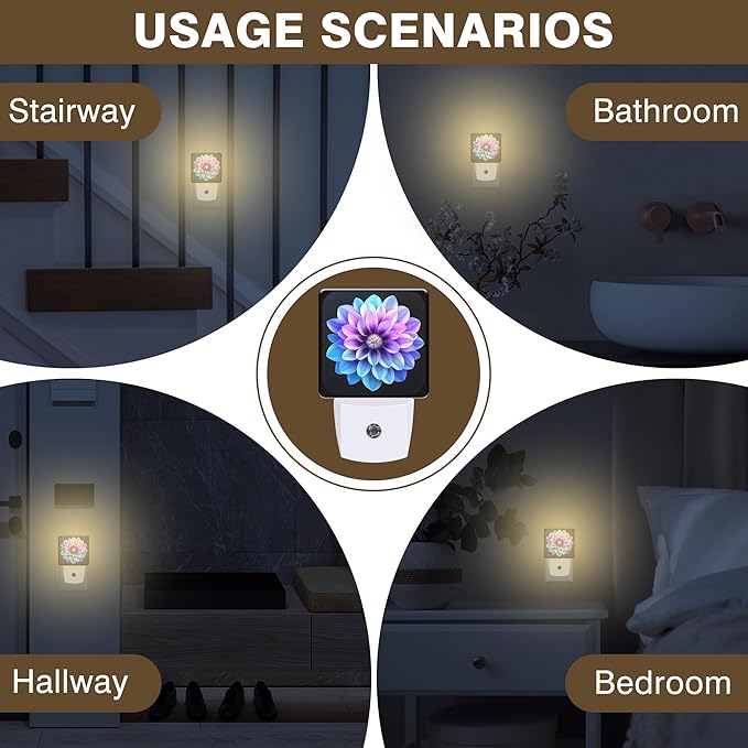 Night Light Purple and Blue Dahlia Flower Night Lights Plug into Wall Smart Dusk to Dawn Sensor 0.5W Energy Efficient Led Lamp for Men Women Bedroom Bathroom Hallway Stairway Decor