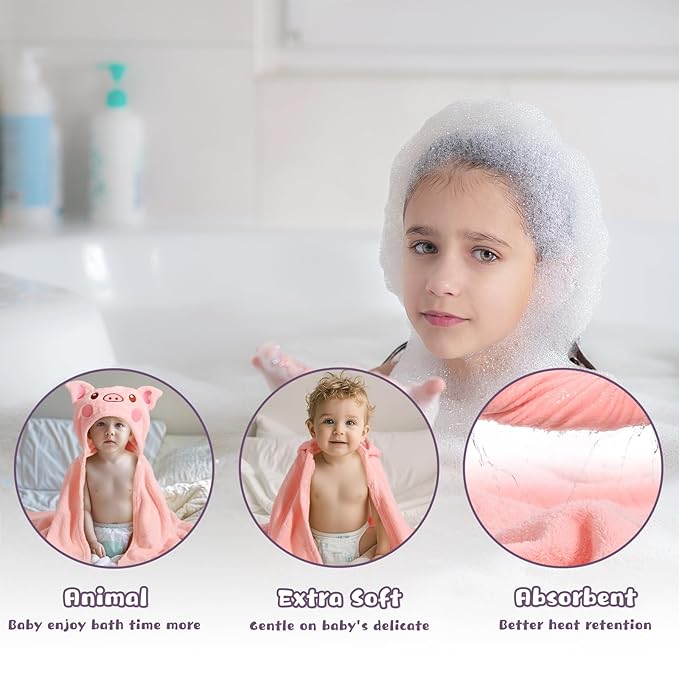 Baby Hooded Towel Toddlers, 50 x 32 Inch Large Toddler Towel Hooded Set,2-Pack Thick Animal Bath Towels,Ultra Absorbent for Kids Cozy and Warm-Bath Essential Green Giraffe and Pink Pig