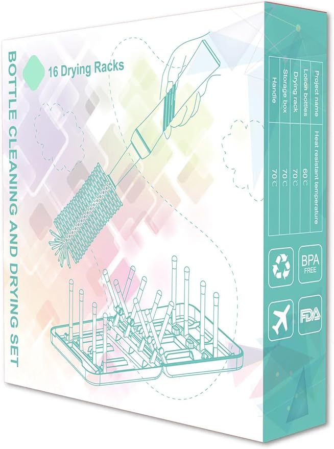 Portable Baby Bottle Brush Set with Multiple Brushes,Soap Dispenser, Foldable Bottle Drying Rack for 16 Bottles, Bottle Cleaner Brush Set for Bottles and Baby Accessories, Baby Travel Essential