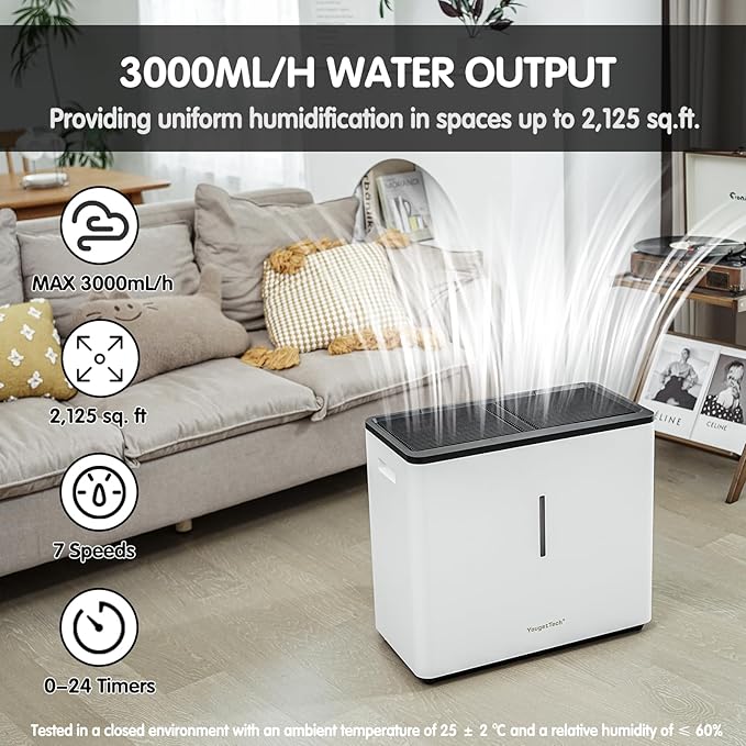 Evaporative Humidifiers |14.5 L(3.9 Gal) Tank for Whole Room Humidifier | 60 W Cool No Mist Humidifiers | 7 Speed | MAX Output 3000 ml/h | Auto Humid | Top Filling