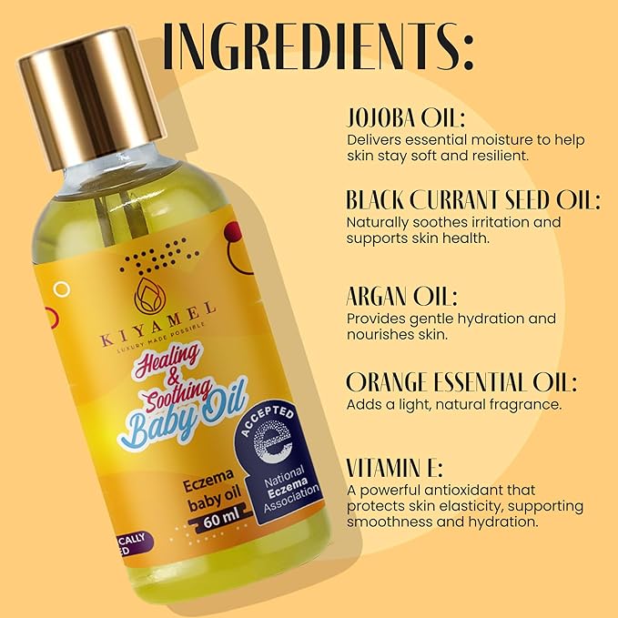 KIYAMEL Healing and Soothing Baby Oil, Fast Absorbing Moisturizer for Sensitive Skin, with Jojoba, Argan & Black Currant Oil, Natural Orange Scent and Vitamin E Enriched