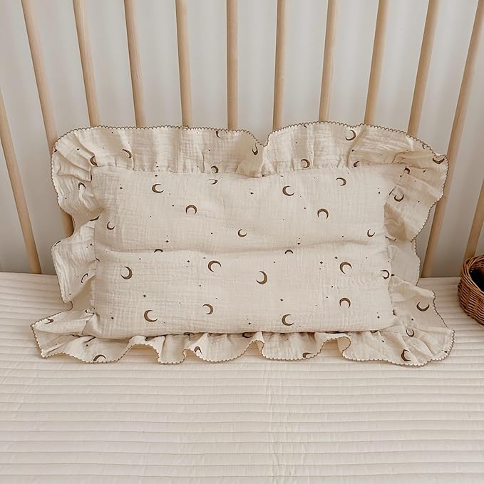 BuLuTu Muslin Toddler Pillowcases Girls Boys,Soft Breathable Cotton Kids Pillow Cover, Moon Star Pattern Shabby Chic Nursery Pillow Cases Enveloped Closure, 14"x20", 1 Piece