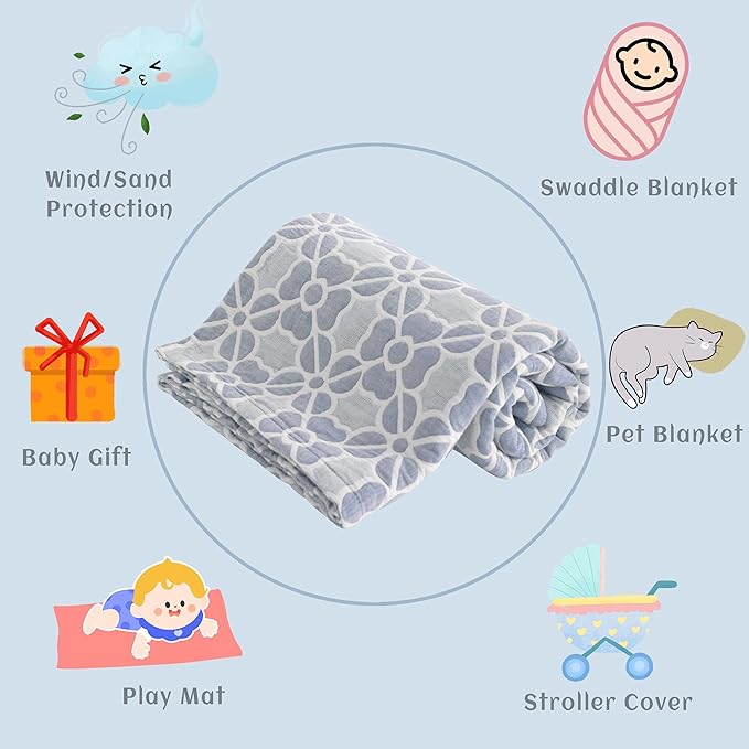 NTBAY 3 Layer Toddler Blanket, Muslin Cotton Jacquard Bed Blankets, Lightweight Thermal Baby Blanket, Super Soft and Warm Crib Blanket for All Seasons, Decoration Gift, 30"x40", Blue Clover