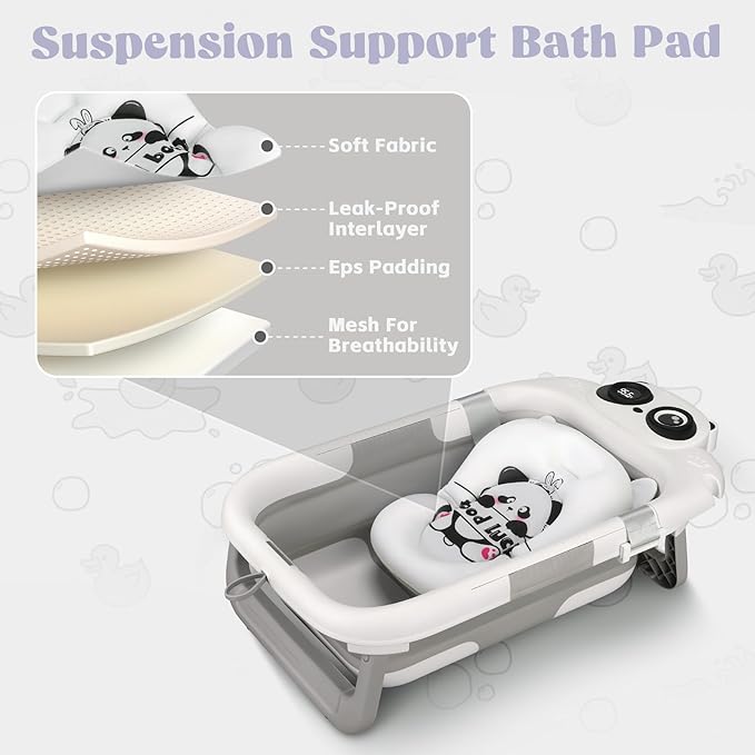 Foldable Baby Bathtub, Lightweight Bathtub for Infants to Toddlers with Soft Cushion & Thermometer, Portable Baby Tub Newborn to Toddler 0-24 Months(Grey)
