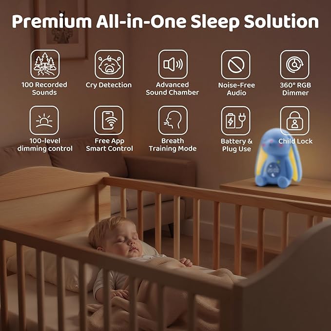 2025 Mom's Choice Awards | White Noise Sound Machine Baby - AI Cry Detection, Night Light, 100 Soothing Sounds, App Control, 150% Battery Life, 50% Faster Sleep, Baby Essentials